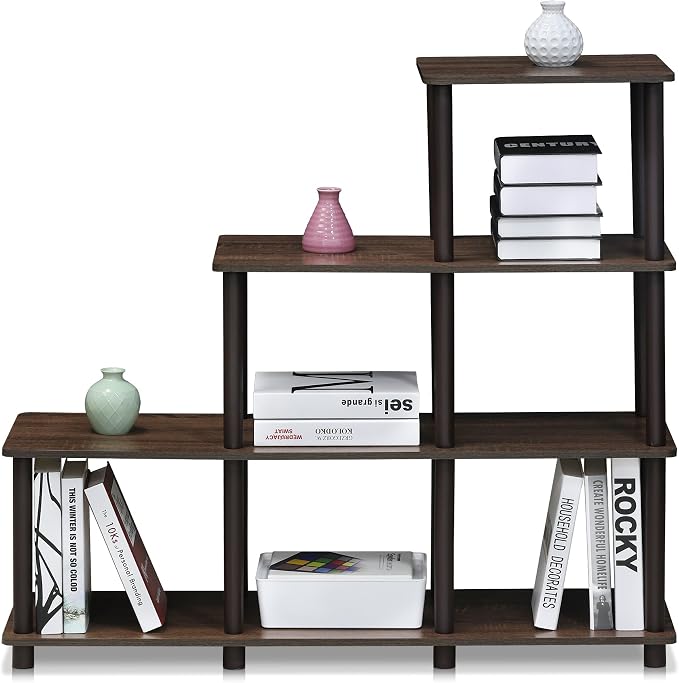Furinno Turn-N-Tube Storage Shelves, 4-Tier Ladder Book Shelf, 6 Cube Open frame Corner Shelf, Toolless Assembly, Open Shelves, for Organization and Storage, Living Room, Garage, Home Office, Walnut