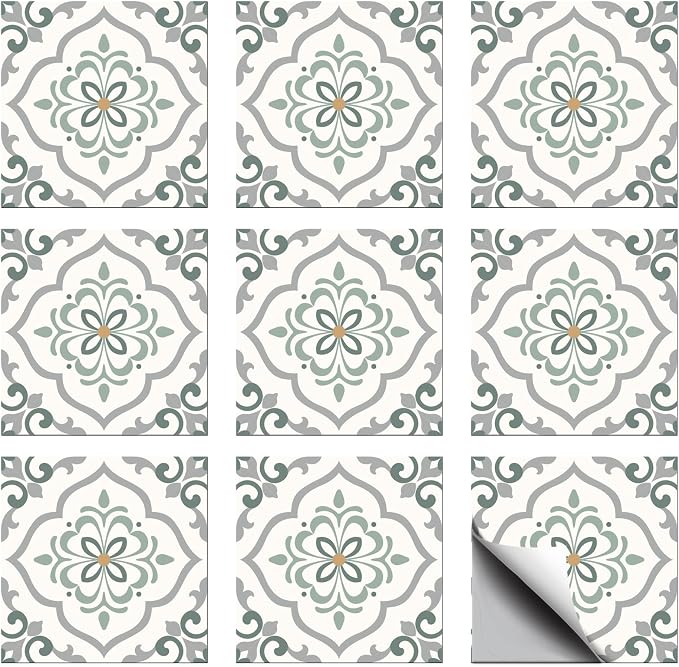 36 Pcs Retro Gray Green Patten Peel and Stick Tile Sticker, 4x4in | Geometric Patterns Waterproof Self Adhesive Stick on Decals for Kitchen Bathroom Wall Art
