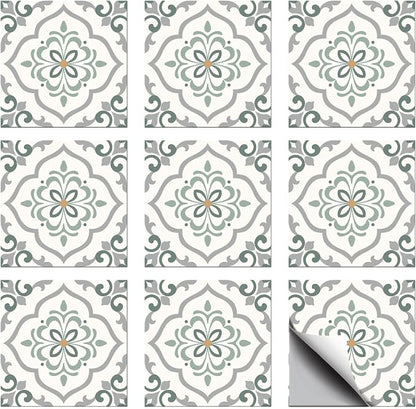 36 Pcs Retro Gray Green Patten Peel and Stick Tile Sticker, 4x4in | Geometric Patterns Waterproof Self Adhesive Stick on Decals for Kitchen Bathroom Wall Art
