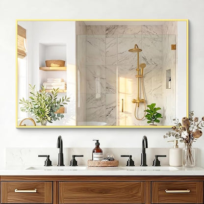 Bathroom Mirror for Wall, 48"x30" Gold Vanity Mirror | Sturdy Rectangular Metal Frame, HD Tempered Glass, Hangs Horizontally or Vertically in Bedroom, Living Room, Entryway