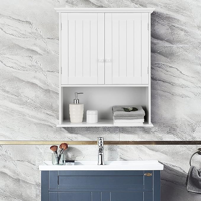 Tangkula Wall Mount Bathroom Cabinet Wooden Medicine Cabinet Storage Organizer with 2-Doors and 1-Shelf Cottage Collection Wall Cabinet (White)