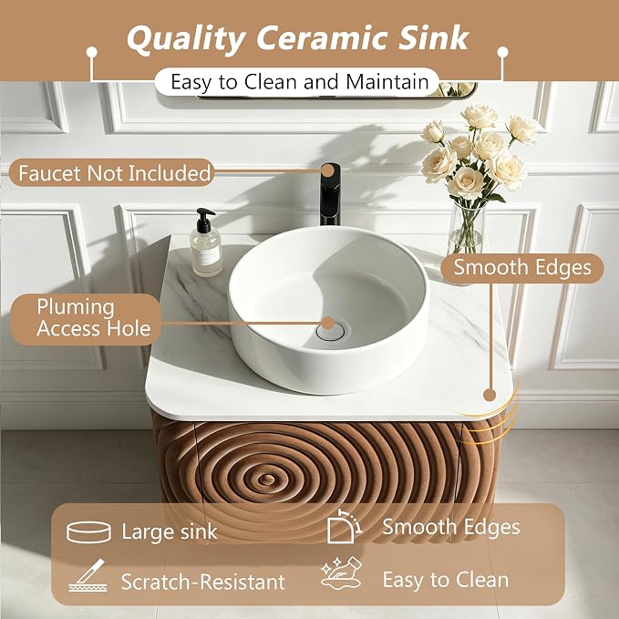 48" Floating Bathroom Vanity with Sink, Mid-Century Wall Mounted Bathroom Vanity Cabinet with Wood Waved Decor,Ceramic Vessel Basin and Sintered Stone Top, Soft Close Drawer, 2 Side Open Cube