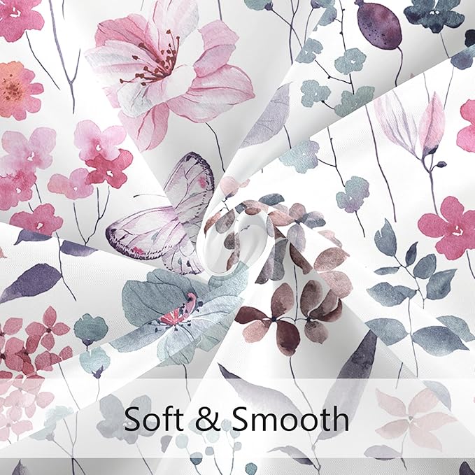 Watercolor Floral Shower Curtain 60x72, Pink Blue Flower Fabric Shower Curtain for Bathroom, Cute Wildflower Butterfly Cloth Shower Curtain Set with Hooks