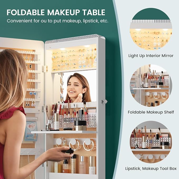 HNEBC Full Length Mirror with Storage, Wall Mounted Jewelry Cabinet with RGB Lights & Remote, Lockable Over Door Jewelry Organizer with Drawer, Foldout Makeup Tray 47.2" Hx14.5 Wx3.9 D, White