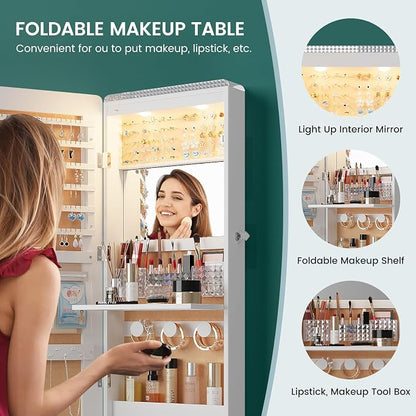HNEBC Full Length Mirror with Storage, Wall Mounted Jewelry Cabinet with RGB Lights & Remote, Lockable Over Door Jewelry Organizer with Drawer, Foldout Makeup Tray 47.2" Hx14.5 Wx3.9 D, White