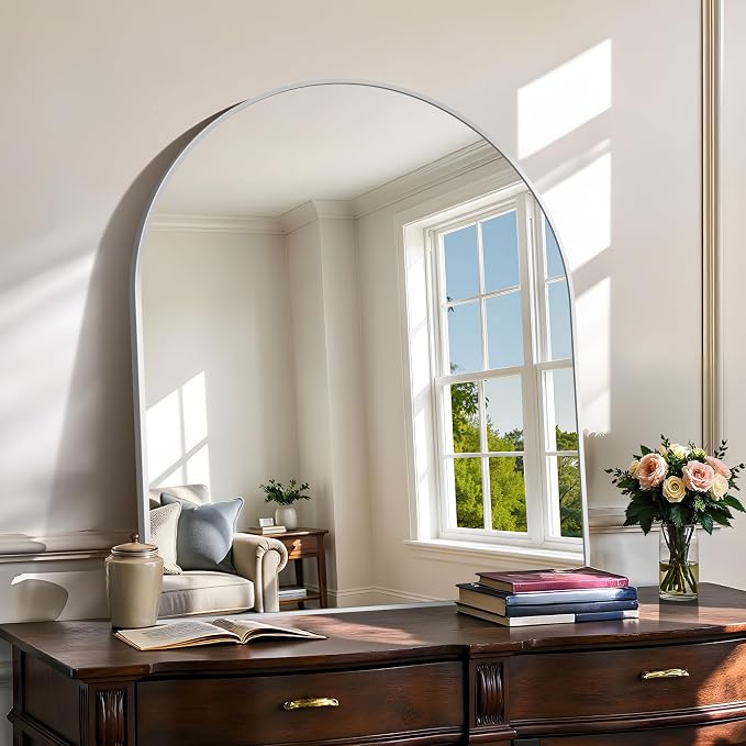 COFENY Arched Mirror, 30’’x36’’ Silver Arch Mirrors for Bathroom Sink, Bathroom Vanity Mirror with Metal Frame, Modern Wall Mounted Mirror for Bedroom Living Room Mantle Entryway