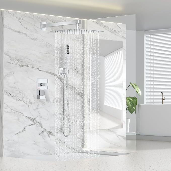 FPXRNG Shower Faucet Set Rainfall Shower System with Square Shower Head and Handle Set Rough-in Valve and Metal Trim Kit Included ‎Polished Chrome 12 Inch Wall Mounted Shower Fixtures