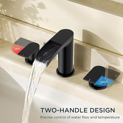 FORIOUS Bathroom Sink Faucet, Black Waterfall Bathroom Faucet Widespread 8 Inch 3 Hole with Pop-Up Drain and Water Supply, All-Metal Construction and Two Handle for Vanity, Lavatry, Farmhouse