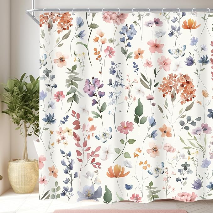 Boho Flower Colorful Wildflower Floral Women Bathroom Shower Curtain Set | 72"W x 72"H Girls Girly; waterproof HD print, quick-dry fabric and plastic hooks for easy setup.