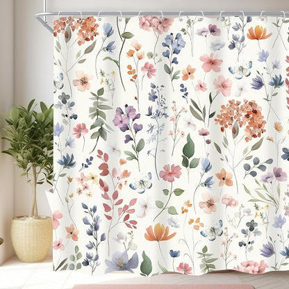 Boho Flower Colorful Wildflower Floral Women Bathroom Shower Curtain Set | 72"W x 72"H Girls Girly; waterproof HD print, quick-dry fabric and plastic hooks for easy setup.