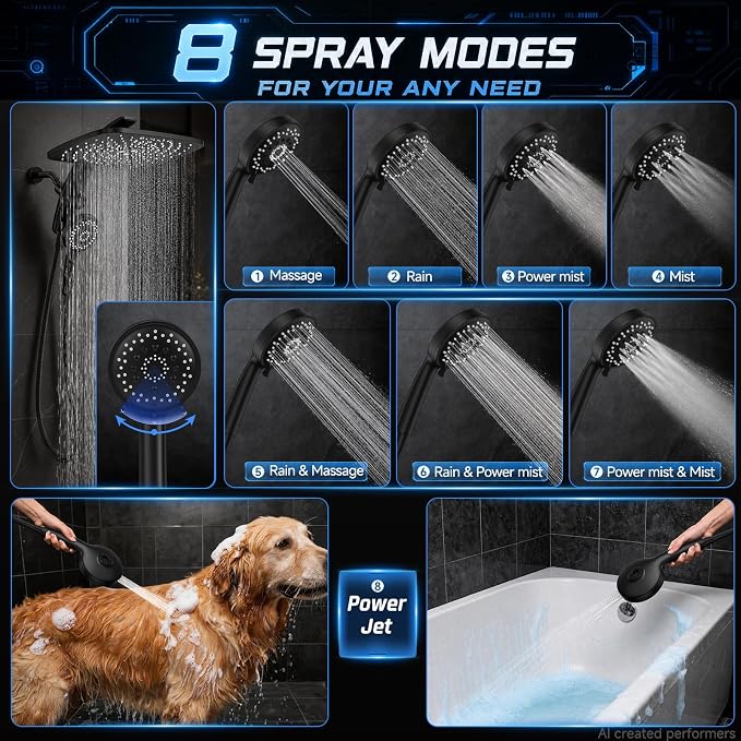 Veken 14" Luxurious Shower Head with Handheld,Full Body Coverage,Power Wash | Magnetic Hand Held,Best Dual Rain Shower Heads Combo,Large Rainfall,Double Detachable Showerhead,Ducha Para Baño,Matte Black