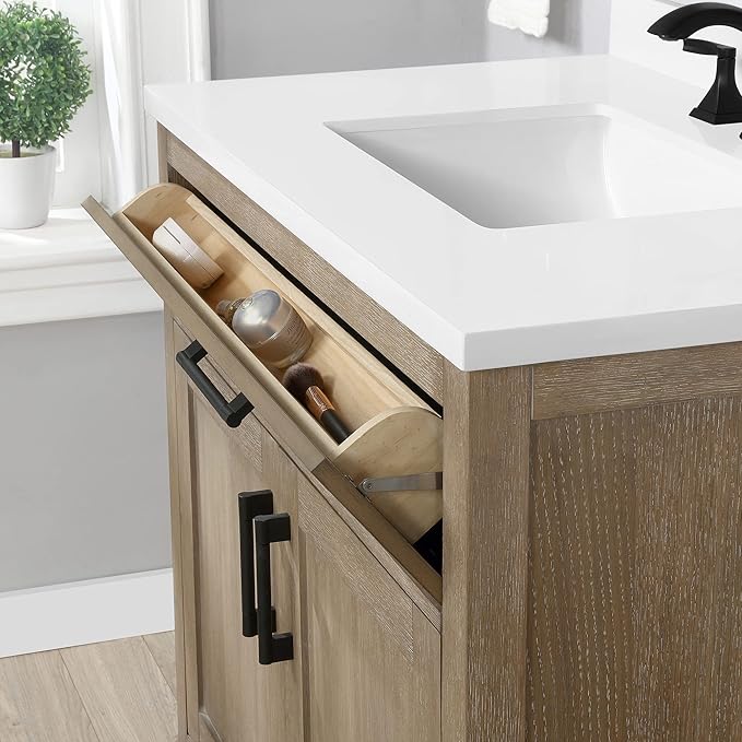 OVE Decors Bailey 36 in. Single Sink Freestanding Driftwood Oak Bathroom Vanity with White Quartz Top and Matching Backsplash