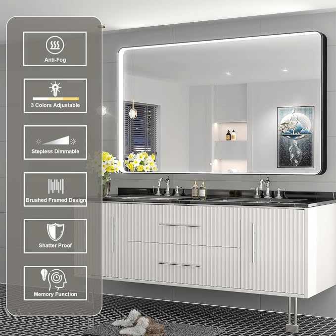 LED Mirror for Bathroom 60X36 Inch Black Framed with Anti-Fog, Stepless Dimmable, Front Lit, LED Bathroom Vanity Mirror for Wall, Memory Function, Shatter-Proof