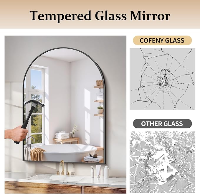 COFENY Arched Mirror, 30’’x42’’ Black Arch Mirrors for Bathroom Sink, Bathroom Vanity Mirror with Metal Frame, Modern Wall Mounted Mirror for Bedroom Living Room Mantle Entryway
