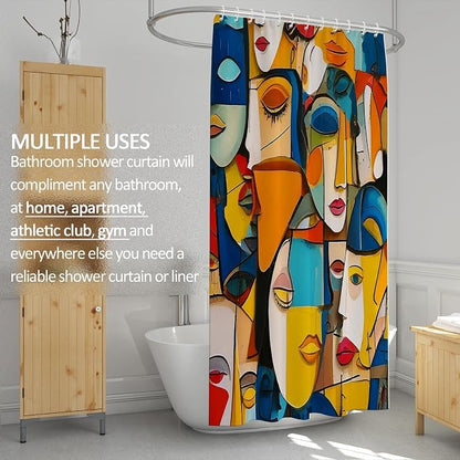 Colorful Modern Abstract Face Art Geometric Shower Curtain Set 72x72 Inches | Colorful Modern Abstract Face Geometric Art Print, Artistic Home Guest Housewarming Art Lover Bathroom Decor, With Hooks