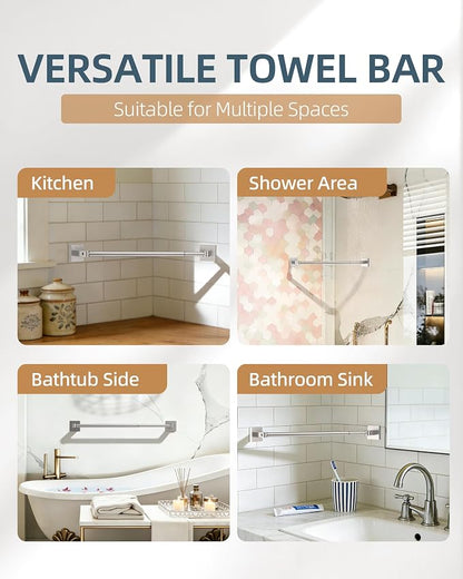 RUACQ Adjustable Towel Bar, Adhesive or Drill Wall Mount Towel Rack, Nickel | Adjust 15.8 to 26 Inch Towel Racks for Bathroom, 304 Stainless Steel Bath Towel Holder, Rustproof, Square Base, Heavy Duty