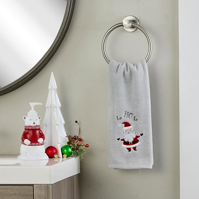 SKL Home Christmas Santa Hand Towel Set-2pc, 100% Cotton, Gray | Soft, embroidered velour. Great for the bathroom, kitchen or bar & holiday gifting.