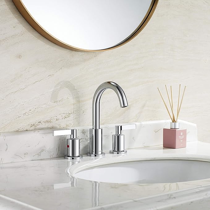 Chrome 2 Handle Widespread Bathroom Sink Faucet 3 Holes with Pop-Up Drain, High Arc Modern 8 Inch Bathroom Vanity Lavatory Faucet with Brass 360° Swivel Spout, TAF830C-CP
