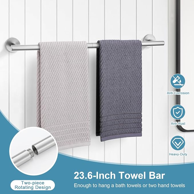 TQKAG 8-Pieces Bathroom Hardware Set Brushed Nickel SUS304 Stainless Steel Bath Towel Bar Set 23.6 Inch Round Bathroom Accessories Kit Wall Mounted