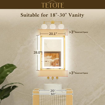20 x 28 Bathroom LED Mirror Brushed Gold Metal Frame Frontlit & Backlit Vanity Mirror Anti-Fog Stepless Dimmable 3 Colors White/Warm/Natural Mirror with Lights Wall-Mounted