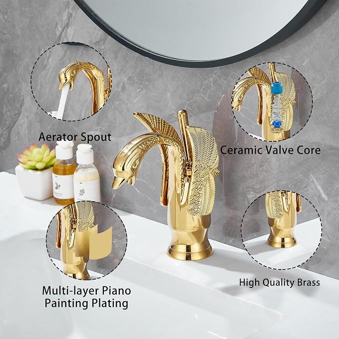 Gold Bathroom Faucet GGStudy Swan Shape Single Handle One Hole Bathroom Vanity Faucet Basin Tap Deck Mount Lavatory