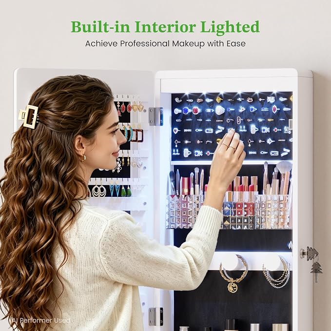 HNEBC Jewelry Cabinet with Lights,Wall Mounted Jewelry Organizer with Full-Length Mirror,Over The Door Hanging Jewelry Armoire Storage Cabinet,Lockable,Gift Idea,White