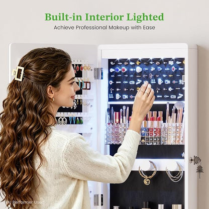 HNEBC Jewelry Cabinet with Lights,Wall Mounted Jewelry Organizer with Full-Length Mirror,Over The Door Hanging Jewelry Armoire Storage Cabinet,Lockable,Gift Idea,White