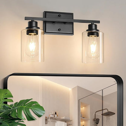 Unicozin 2 Light Bathroom Light Fixtures, Modern Vanity Lights Over Mirror, Black Wall Lamp with Clear Glass for Living Room Cabinet Bedroom Porch