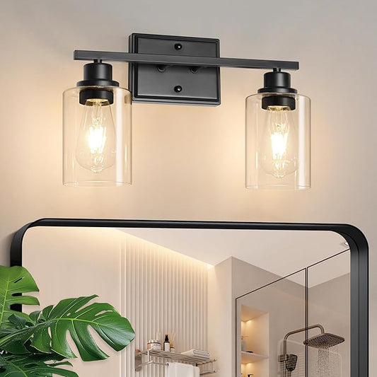 Unicozin 2 Light Bathroom Light Fixtures, Modern Vanity Lights Over Mirror, Black Wall Lamp with Clear Glass for Living Room Cabinet Bedroom Porch
