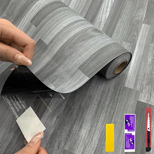 Countewol Peel and Stick Vinyl Flooring Roll Grey Wood Look, Self Adhesive Waterproof Removable PVC Floor Sheet for Apartment Kitchen RV