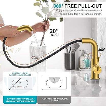 KENES Pull Down Bathroom Faucet with Sprayer, Brushed Gold Single Handle Bathroom Sink Faucet with Pull Out Sprayer, Vanity Bar Faucet with Pop Up Drain & Deck Plate, LJ-9055A-4