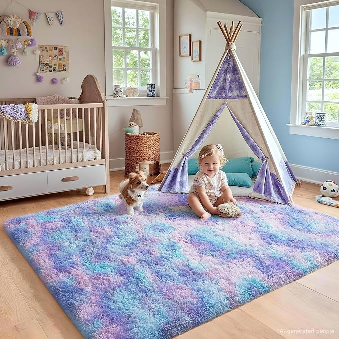 Ophanie Rainbow Purple Rug for Bedroom Girls,Unicorn Colorful Mermaid Fluffy Soft Cute Fuzzy Area Rugs,Shag Plush Shaggy 4x6 Furry Carpet for Kids Baby Teen Dorm Decor with Over 99 pcs Pile fibers