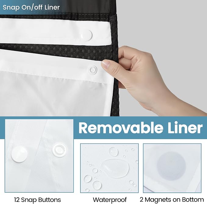 EUTXL Heavyweight No Hook Shower Curtain with Liner, Black, 60x74 | Snap in Liner, Thick Waffle Fabric, Hotel Quality, Corner Magnets, Waterproof & Washable