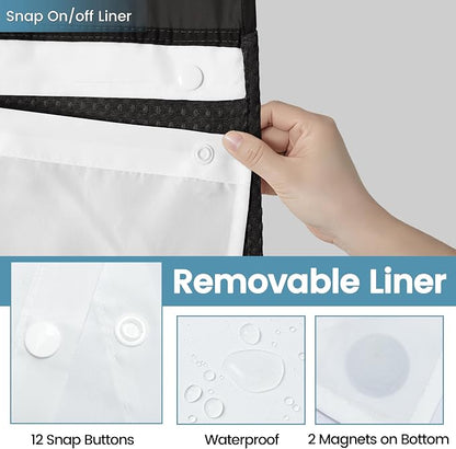 EUTXL Heavyweight No Hook Shower Curtain with Liner, Black, 54x80 | Snap in Liner, Thick Waffle Fabric, Hotel Quality, Corner Magnets, Waterproof & Washable