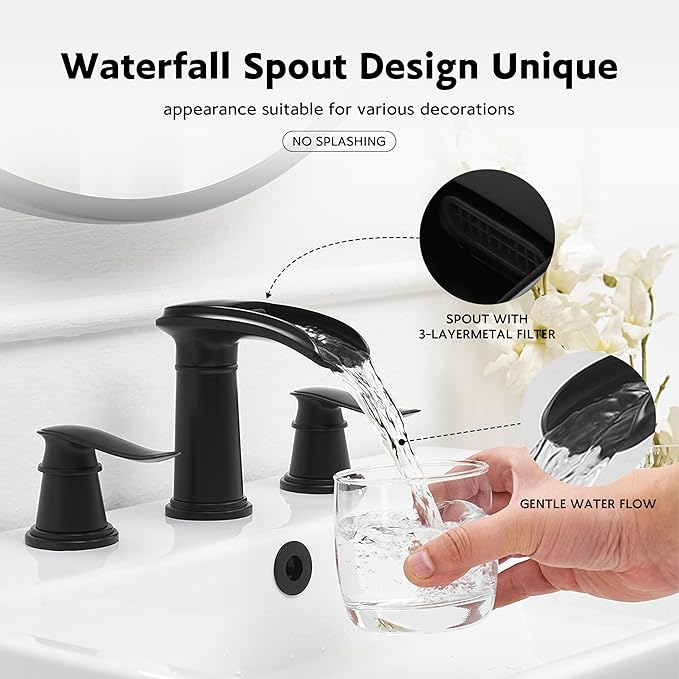 BWE Waterfall Bathroom Faucet, Matte Black 8 Inch Widespread Bathroom Sink Faucet Two-Handle with Pop-up Drain, for Vanity, Lavatory Sink