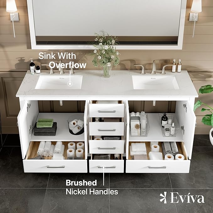 Eviva Aberdeen 72 in. White Double Sink Bath Vanity with Carrara Quartz Top and Undermount Porcelain Sinks