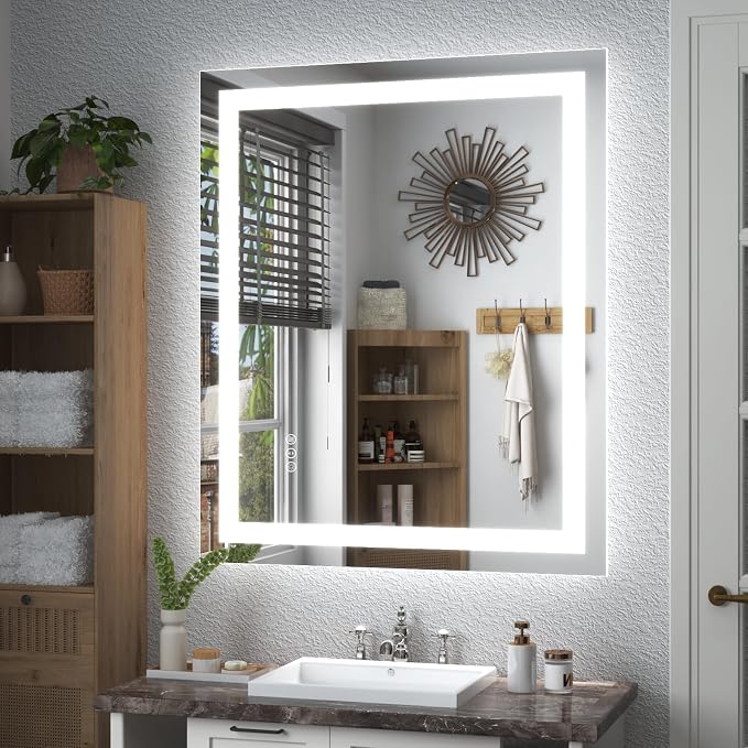 32x36 LED Lighted Bathroom Mirror for Vanity Wall | Front Light and Backlit, Anti-Fog, Memory, 3 Color, Tempered Glass, Dimmable, Rectangular, UL, Horizontal/ Vertical Mounted