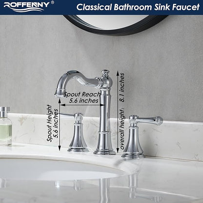 Polished Chrome Bathroom Faucet 8 inch Widespread for 3 Holes, with 2 x 23.6 inch Water Supply Lines and Plastic Pop-Up Drain, Classic 2-Handle Bathroom Vanity Sink Faucet, 360° Swivel Spout
