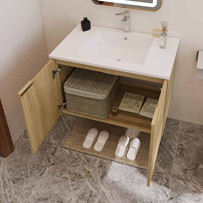 Modern Bathroom Vanity with Wavy Textured Doors - Wall Mounted Floating Cabinet, Soft-Close Waterproof Storage for Small Bathroom, Easy Install (Nature with Sink, 30)