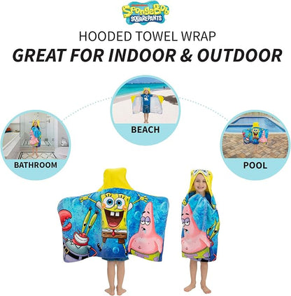 Franco Kids Bath and Beach Soft Cotton Terry Hooded Towel Wrap, 24 in x 50 in, SpongeBob SquarePants