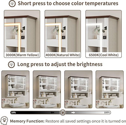 Bathroom Medicine Cabinet with Mirror, Lighted Storage Cabinet Wall Mounted with Doors & Adjustable Wood Shelf, Modern Bathroom Mirror with LED Lights Defogger for Makeup Laundry/Living Room, White