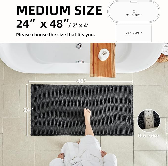 TYUU Black Waffle Bath Mat, Boho Bathroom Rugs Non Slip Washable, 48x24 | Super Absorbent Quick Dry Bath Rug, Non-Slip Backing, Soft Waffle Washable Farmhouse Bathroom Mats, Tub, Shower & Home Decor