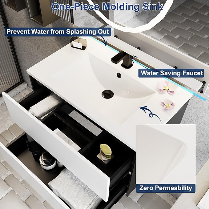 eclife 30" Bathroom Vanity Cabinet with Undermount White Sink Combo, Wall Mounted Floating Bathroom Cabinet with Colors Mixed Style, 2 Big Drawers & Matte Black Faucet