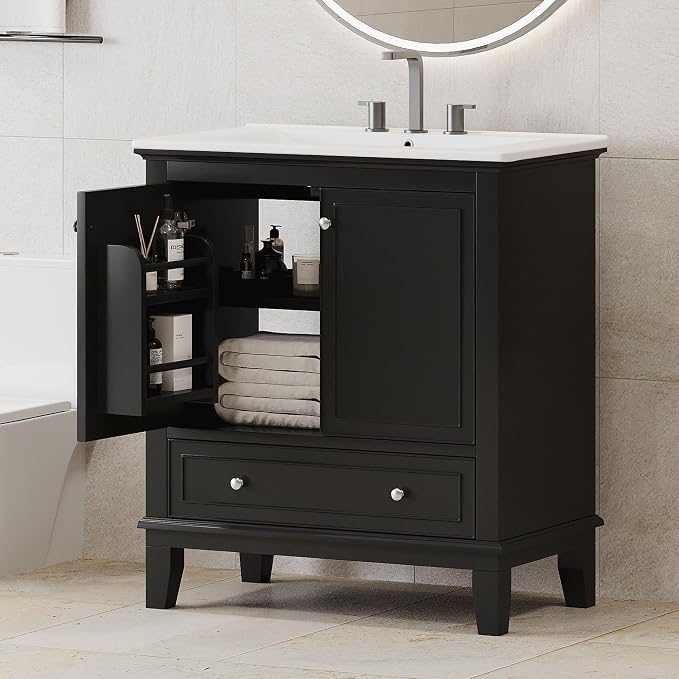30" Bathroom Vanity Cabinet with Undermount Sink, Storage Rack Shelf, Multi-Functional Drawer Divider, Soft Closing Doors, Black