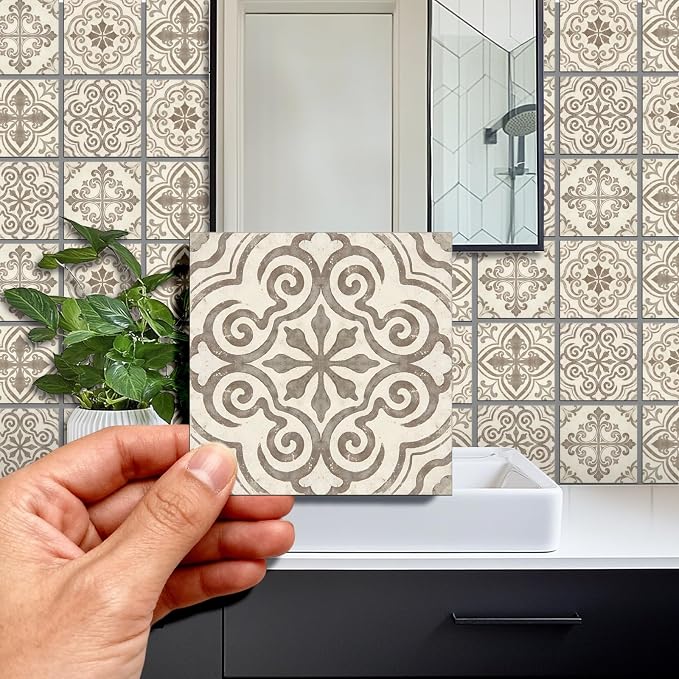 36pcs 4 Styles Gray and White Patterns Tile Stickers Retro Geometric Patterns Waterproof PVC Tile Decals for Kitchen Bathroom 4x4 inch