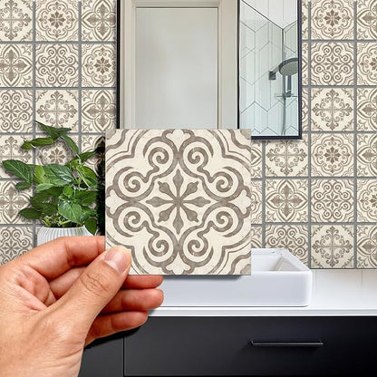 36pcs 4 Styles Gray and White Patterns Tile Stickers Retro Geometric Patterns Waterproof PVC Tile Decals for Kitchen Bathroom 4x4 inch