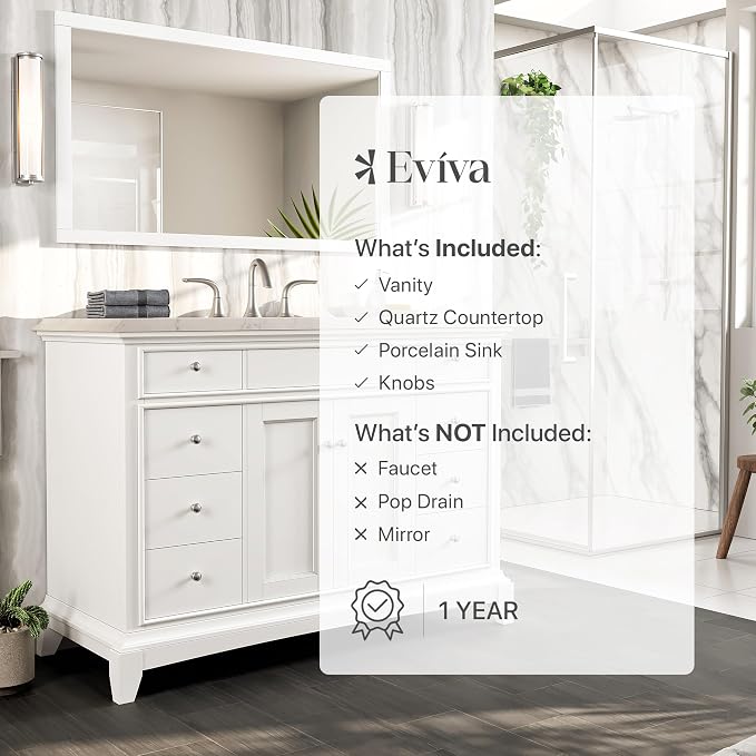 Modern Freestanding Bathroom Vanities - Solid Wood White 42 Inch Bathroom Sink Cabinet - Free-Standing Vanity Sinks for Bathrooms w/Brushed Nickel Knobs/Handles and Porcelain Vanity Sink