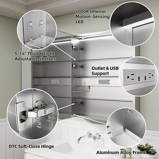 LED Medicine Cabinet Mirror, 24x30 Inch Bathroom Storage, Recessed/Wall Mount, Plug-in/Hardwired, 3 Color Dimmable Light, Anti-Fog, Time Temp Display, Left Hinge
