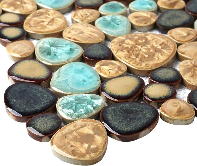 Pebble Porcelain Tile Fambe Turquoise Green Beige Shower Floor Pool Alley Tiles Mosaic TSTGPT005 (5 Square Feet)