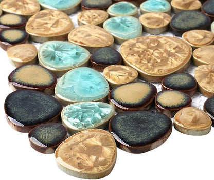 Pebble Porcelain Tile Fambe Turquoise Green Beige Shower Floor Pool Alley Tiles Mosaic TSTGPT005 (5 Square Feet)